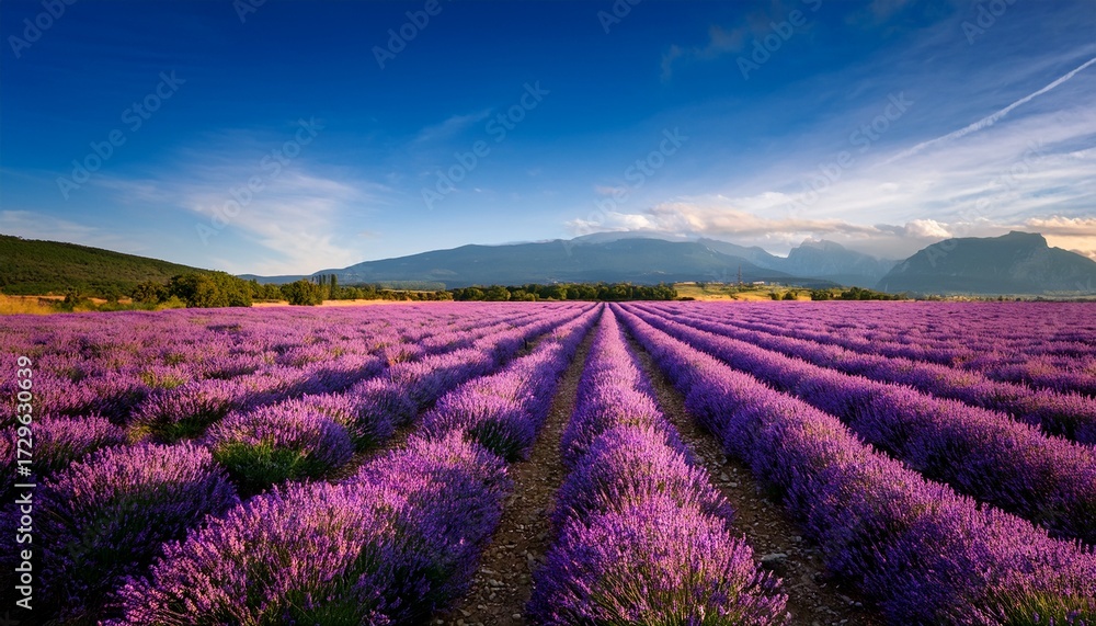 Fototapeta premium A Vibrant Lavender Field Stretches Under A Clear Sky With Rows Of Blooming Flowers And Distant Mountains Creating A Serene Landscape