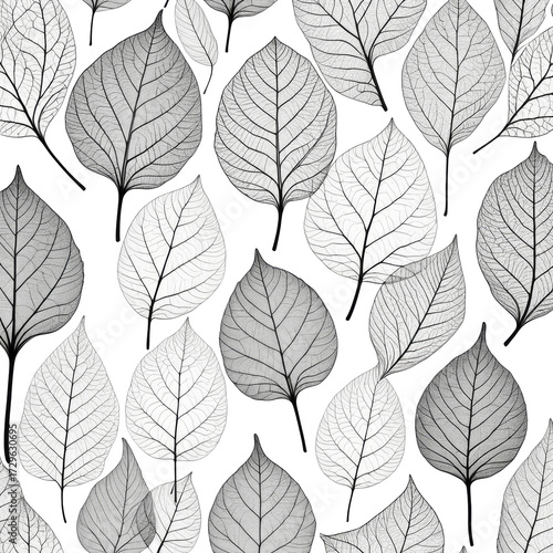 Grayscale leaves overlay. Skeletonized veins on black background, repeated