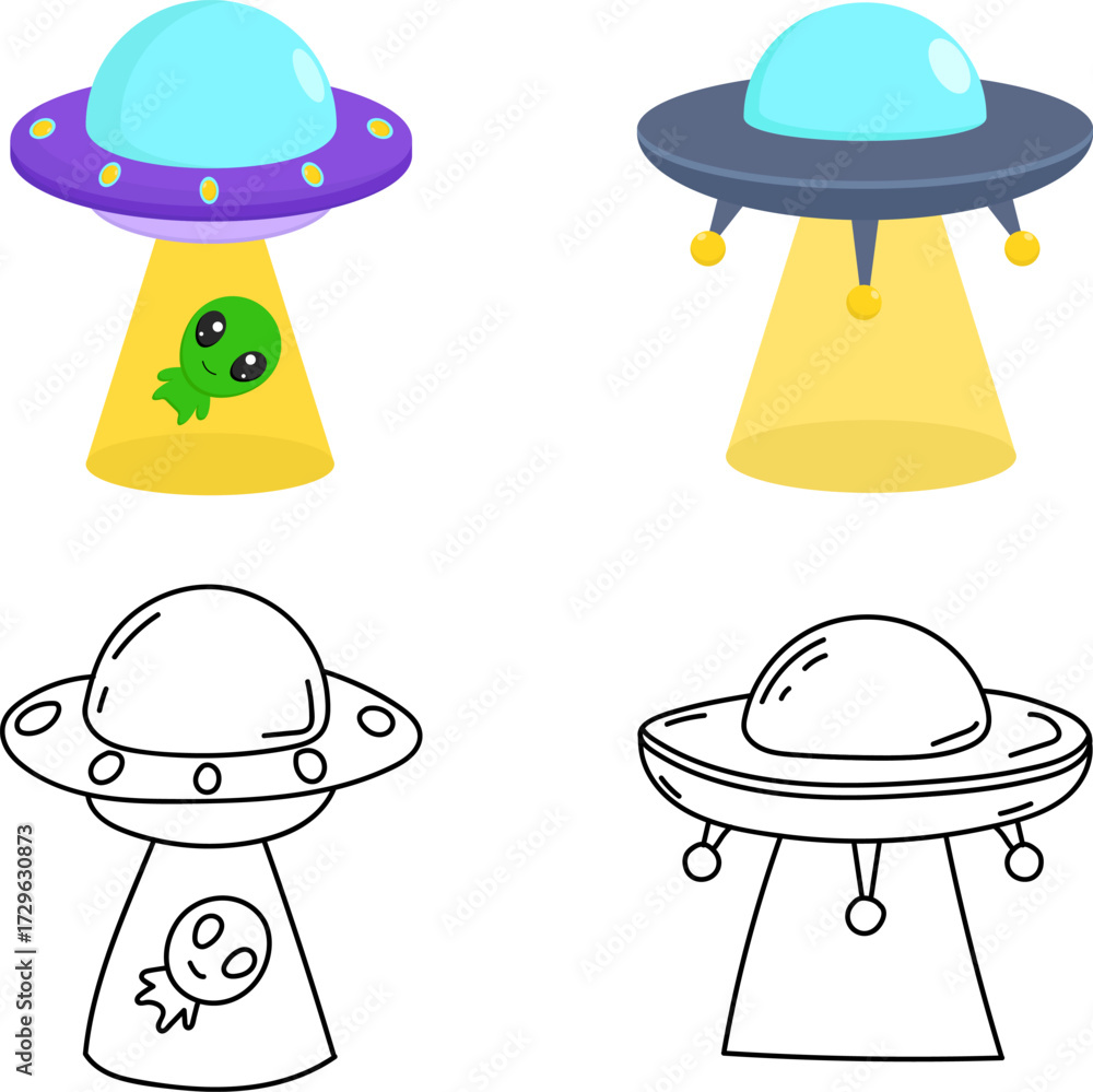 Fototapeta premium Cartoon UFO spaceship set with colorful and outline style