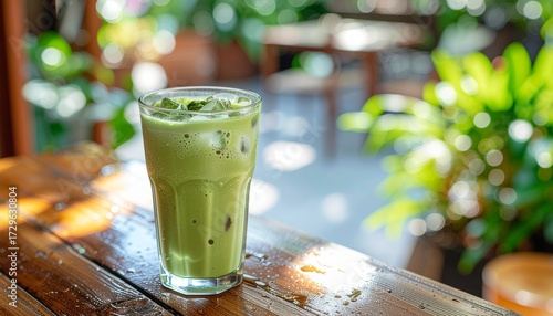 A glass of iced matcha latte with condensation on a wooden café table, ultra realistic HDR photography