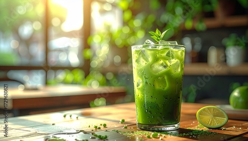 A glass of iced matcha latte with condensation on a wooden café table, ultra realistic HDR photography