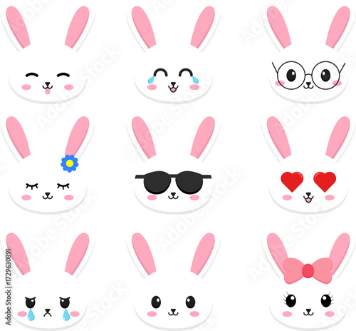Set of cute bunny faces with different expressions