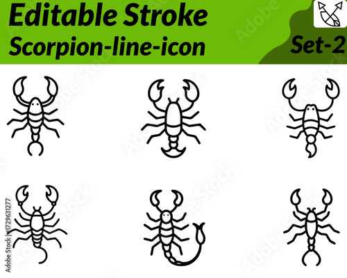 Scorpion icon character designed in a bold vector silhouette style, showcasing its curved tail with a sharp stinger segmented body, and pincers for a fierce look. Created with clean lines and minimal.