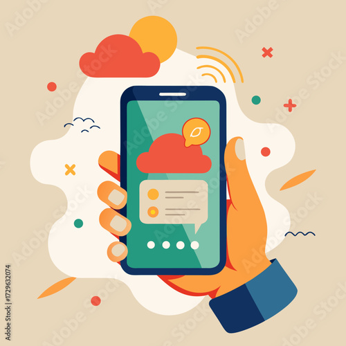 A side-view of a person's hand holding a smartphone. A friendly, abstract chat bubble emerges from the screen with simple AI responses like "Recipe found!" or "Weather forecast sunny." The style is wa