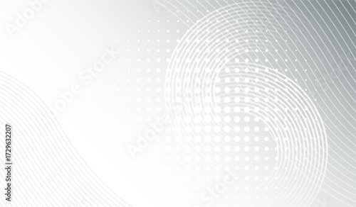 Abstract Circle DesignA modern abstract design features a series of interconnected, curved lines and a pattern of evenly spaced dots, all in shades of grey.