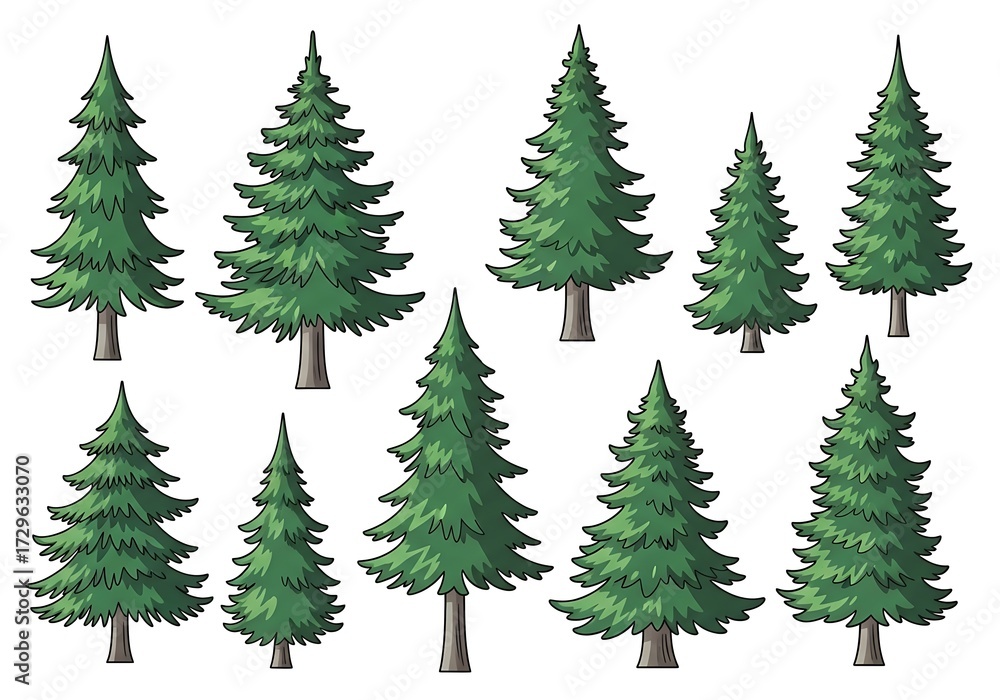 Obraz premium Stylized coniferous trees standing tall against a white backdrop scene