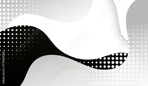Abstract  Modern, minimalistic abstract design features a gradient of gray tones and soft wave patterns with dots, evoking a sense of tranquility, elegance, and understated sophistication.