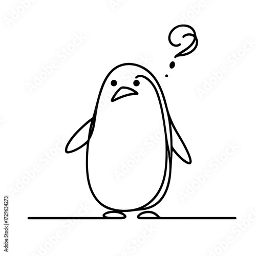 Confused penguin with question mark single line illustration