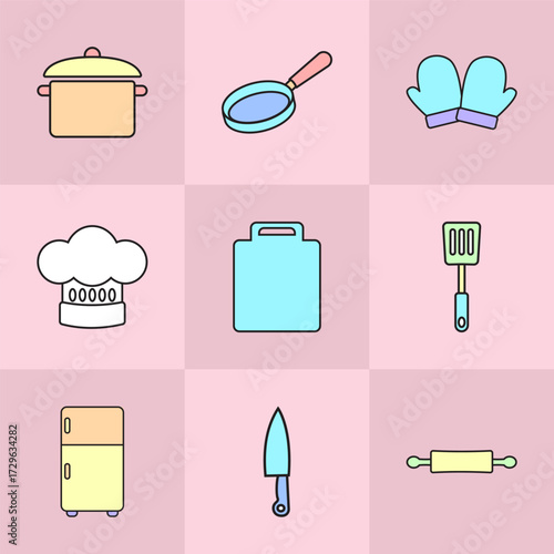 Set Ikon Peralatan Dapur Warna Pastel