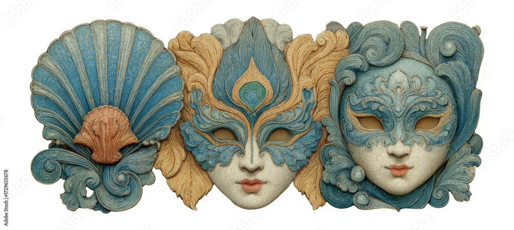 Naklejka premium Elegant Venetian Masks with Intricate Designs and Textures in Soft Pastel Colors