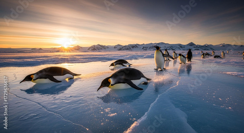 Emperor penguins sliding on their bellies across the ice in antarctica at sunrise with mountains in the background on a sunny day