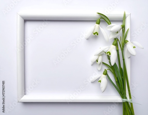 Snowdrop Flowers Next to Empty White Picture Frame Composition