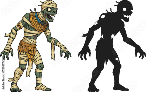 Ancient mummy zombie cartoon, creepy Egyptian undead character illustration, scary horror monster artwork, spooky Halloween mummy design, grotesque walking dead vector