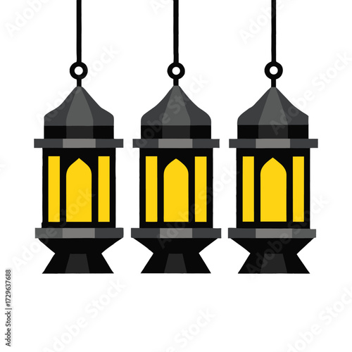 Three traditional ramadan lanterns hanging illuminated festive islamic decorations for celebrations and holy month cultural symbols