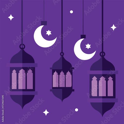 Islamic ramadan lanterns and crescent moons hanging illuminated celestial islamic symbols festive decorations