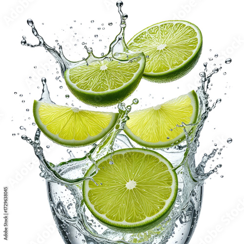 Sliced limes splash into water creating an invigorating, juicy scene