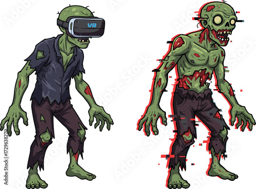 Cartoon futuristic zombie illustration, virtual reality undead character, glitch effect monster artwork, scary digital creature design, horror cyberpunk style, Halloween vector
