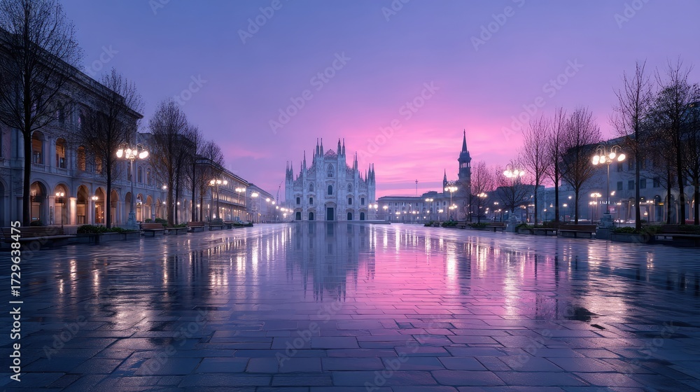 Obraz premium Milan Cathedral at Dawn Reflecting on Wet Pavement with Purple and Pink Sky Urban Scene with Illuminated Street Lamps and Bare Trees