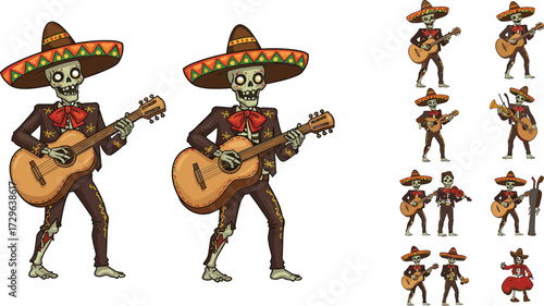 Cartoon mariachi skeleton illustration, Mexican zombie musician artwork, Day of the Dead celebration design, spooky guitarist character, Halloween festival vector