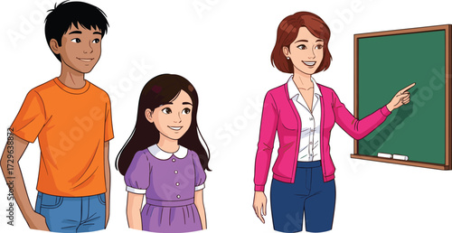 Cartoon teacher explaining lesson, classroom education vector, school children learning illustration, blackboard teaching concept, happy students with teacher character design