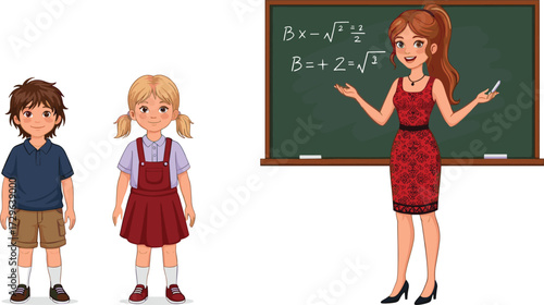 Cartoon teacher explaining mathematics, classroom education vector, students learning illustration, blackboard teaching concept, happy children studying with school teacher design