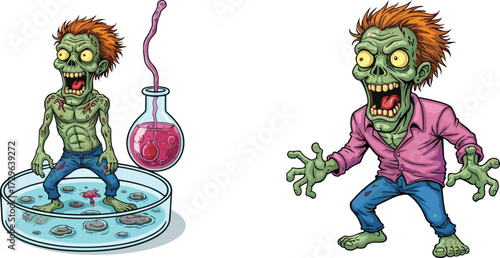 Cartoon zombie experiment illustration, creepy undead monster artwork, scary chemical mutation design, horror laboratory creature vector, spooky Halloween infected character