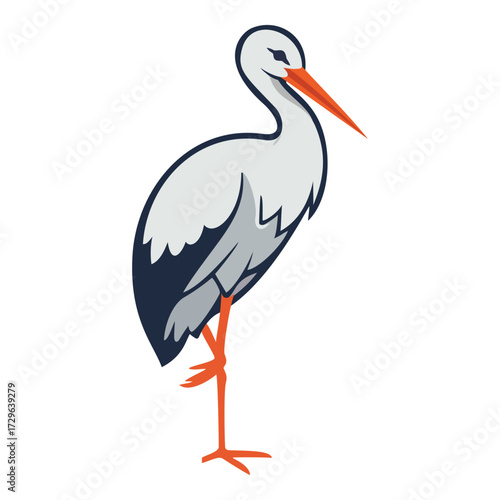 Stork illustration standing on one leg, a vector mascot for baby, newborn, delivery, nature, and waterbird themes and branding