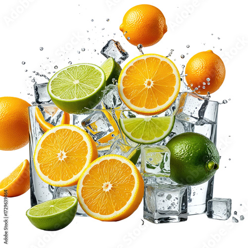 Refreshing fruit slices, ice cubes, and splashes
