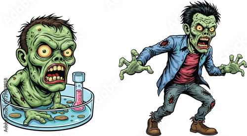 Creepy zombie cartoon character, horror undead illustration, scary monster drawing, infected lab experiment creature, Halloween spooky artwork, vector design, apocalypse theme