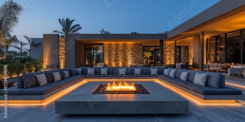 Wallpaper Mural Modern outdoor lounge with fire pit, desert landscape Torontodigital.ca