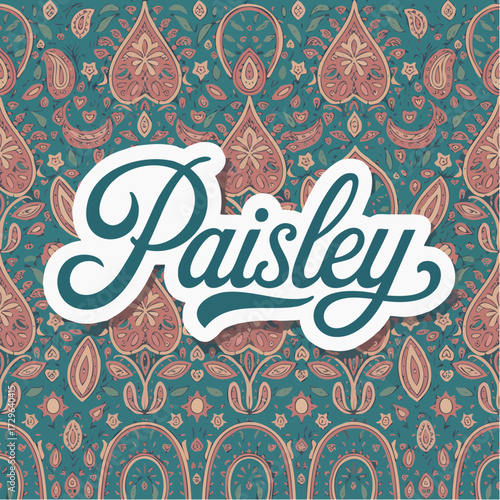 paisley elegant script teal marigold rose repeating paisley wallpaper field thin outlines filled teardrops pattern tile and die-cut silhouette vector sticker for textiles and stationery