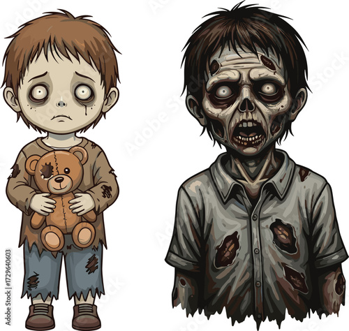 Creepy zombie child, scary undead boy holding teddy bear, horror cartoon artwork, spooky monster illustration, Halloween character design, vector art