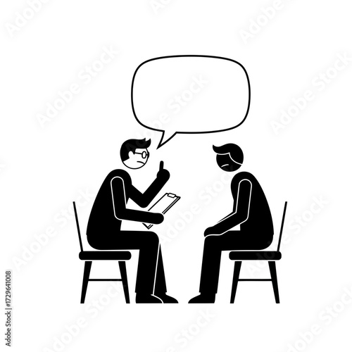 Two people sitting on chairs talking, one holding a clipboard