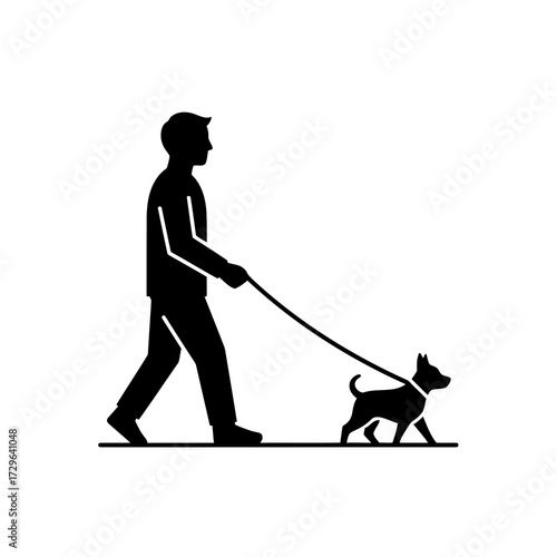 Silhouette of a man walking a small dog on a leash