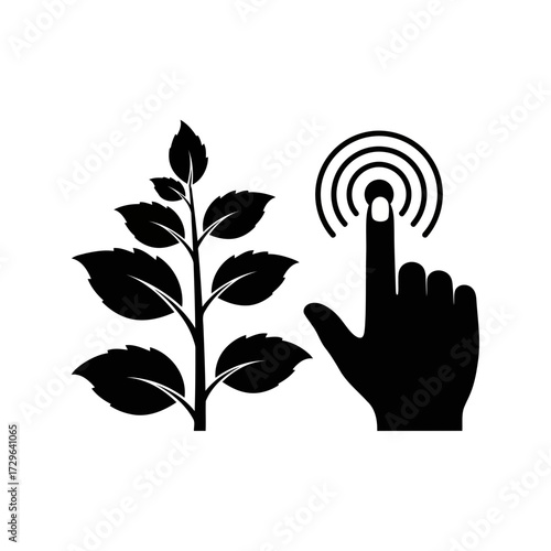 Hand touching a plant with signal waves