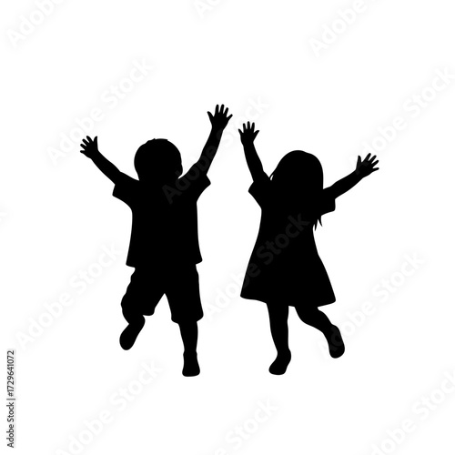 Silhouette of two happy children jumping with arms raised