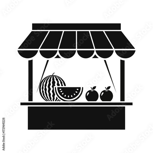 Black and white illustration of a fruit stand with watermelon and apples