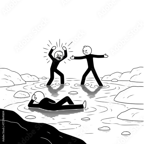 Two stick figures arguing in water while another lies down