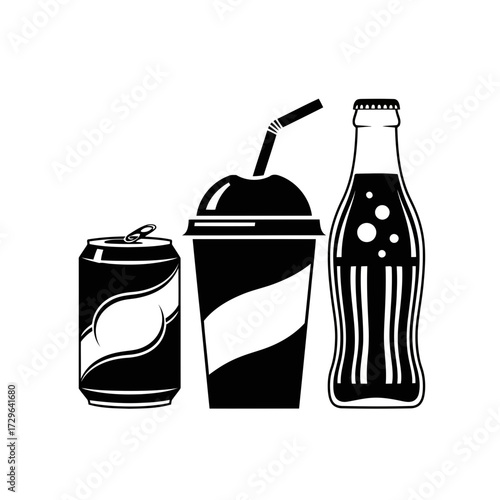 Black and white illustration of soda can, cup, and bottle