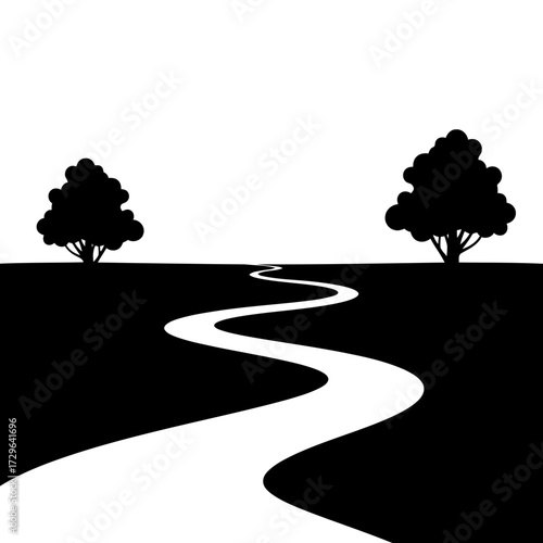 Winding path through a landscape with two trees