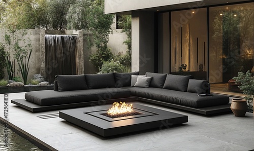 Wallpaper Mural Modern outdoor sectional sofa with fire pit, tranquil backyard Torontodigital.ca