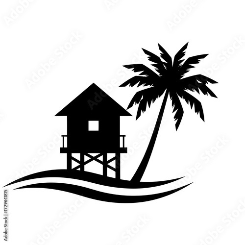 Silhouette of a beach house and palm tree