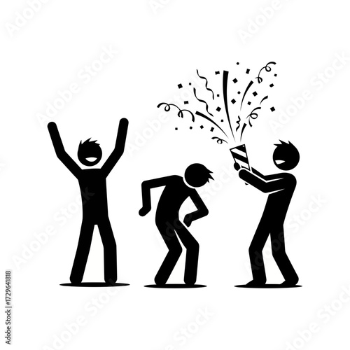 Stick figures celebrating with confetti and party popper