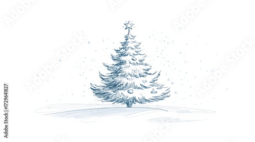 Elegant Blue Christmas Tree Illustration with Snowflakes and Star Topper