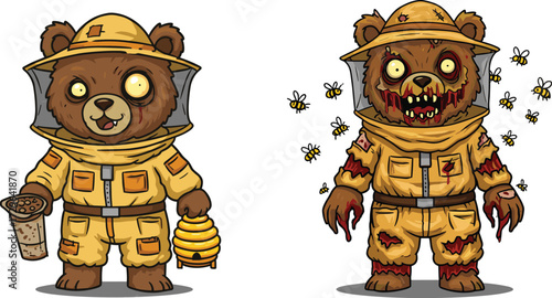 Cute cartoon bear beekeeper holding honey hive, scary zombie bear with bees and blood, funny horror animal character illustration design