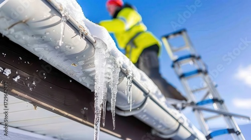 Winter Roof Maintenance: Worker Clearing Icy Gutters and Icicles on a Cold, Sunny Day from a Ladder