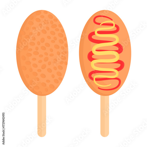 Illustration of fried corndog with crispy coating, one topped with ketchup and mustard on wooden stick, perfect for food design, culinary decoration, and modern graphic content