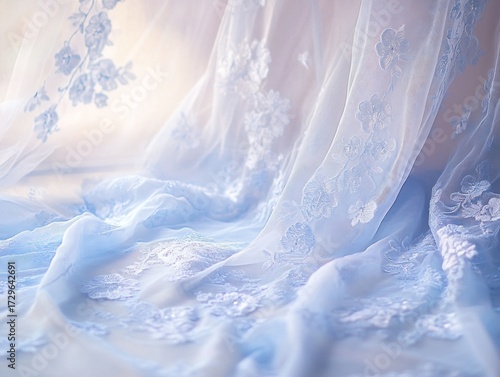 Ethereal floral lace fabric in shades of blue creating a dreamy background