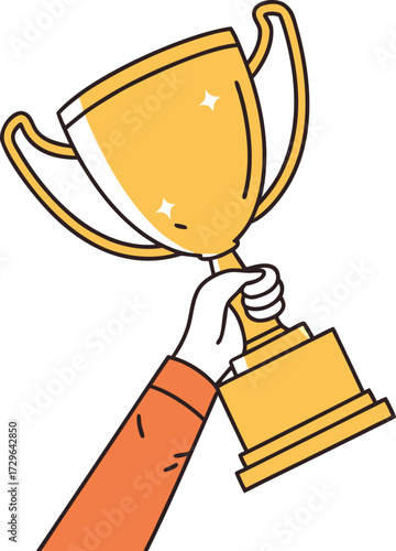 Hand holding golden trophy cup with sparkles and orange sleeve award winner