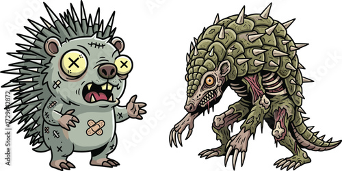 Cute zombie hedgehog cartoon, scary mutant armadillo monster, creepy animal illustration, horror fantasy creature, undead character artwork, spooky Halloween design vector
